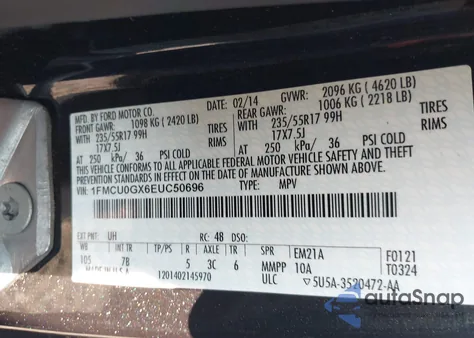 2014 Ford Escape Se from USA, damaged, VIN 1FMCU0GX6EUC50696